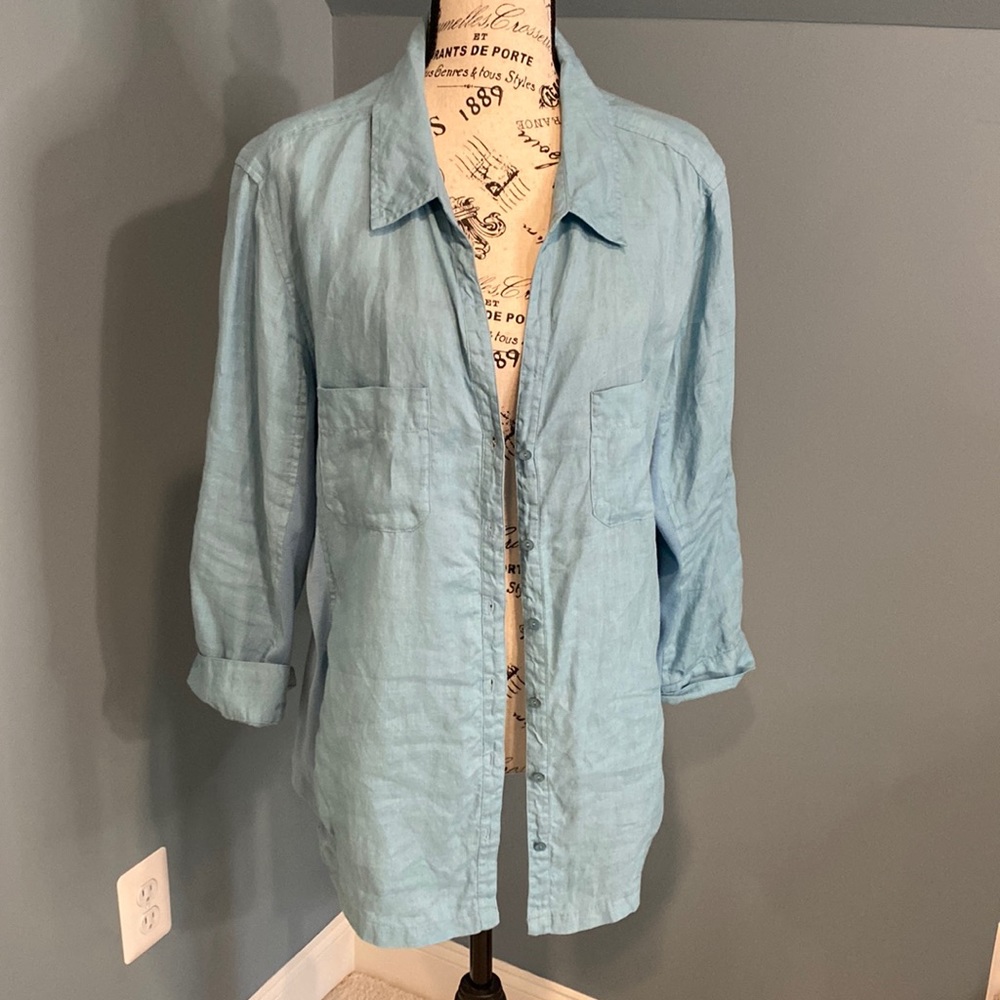 Eileen Fisher linen/organic cotton button up shirt XL VG condition Aqua blue